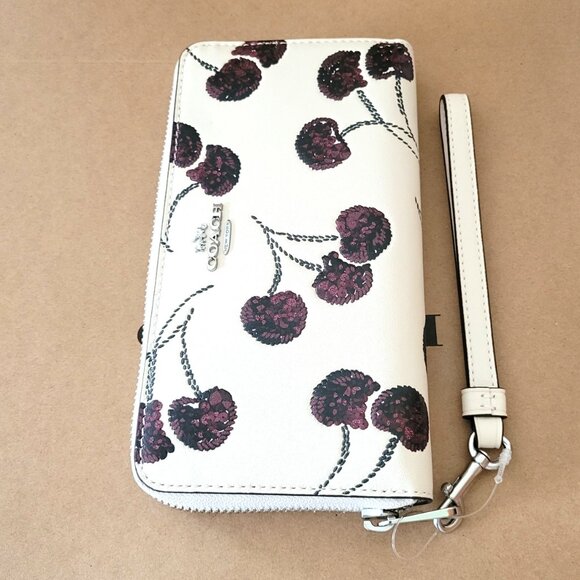 Coach CDE92 Long Zip Around Wallet Cherry Embossed Print Leather Chalk Multi - Picture 5 of 7